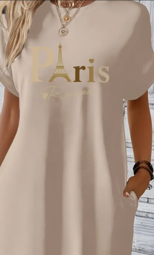 f0a99998-bd42-44ac-a018-d5ceab87145e Midi Paris Print Crew Neck Tunic Dress - Geometric Pattern, Mid Elasticity, Semi-Sheer, Dual Pockets, Loose Fit, Machine Washable, Perfect For Spring, Summer, And Fall - Womens Casual Short Sleeve Pol