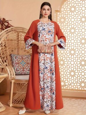 f0e667ba-c53c-4027-aac7-a8f768cff66c Elegant Floral Print Long Sleeved Abaya Robe Dress