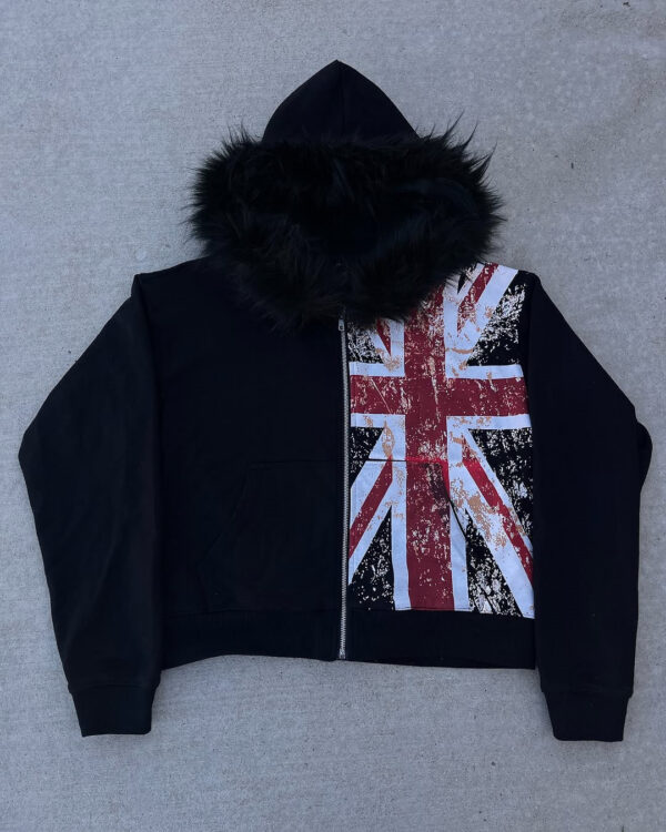 Fur Collar Printed Zipper Sweater Long Sleeve Pullover Hoodie Vintage Coat