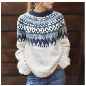 Round Neck Pullover Jacquard Vintage Print Sweater